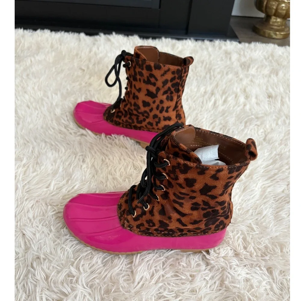 Cape Robbin Leopard Print‎ Duck Boots Hot Pink Rubber Women's Size 5 Rain Boots